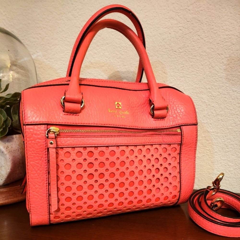 Kate Spade Peony Pink Leather "Delaney Perri Lane Bubbles" Satchel/Crossbody Bag